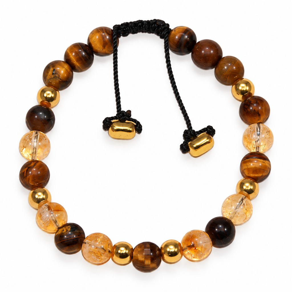 7agat Citrine and Brown Tiger Eye 8 mm beaded bracelet with gold-tone hematite spacers.