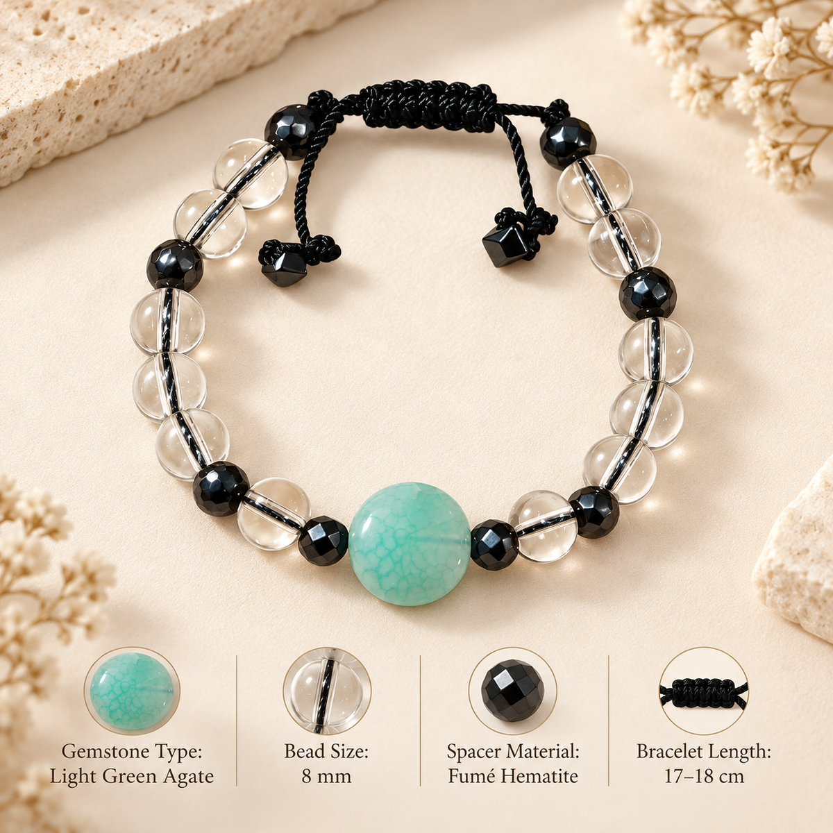 7agat Light Green Agate Water Glass 8mm bracelet showing Fume Hematite and adjustable 17-18cm size.
