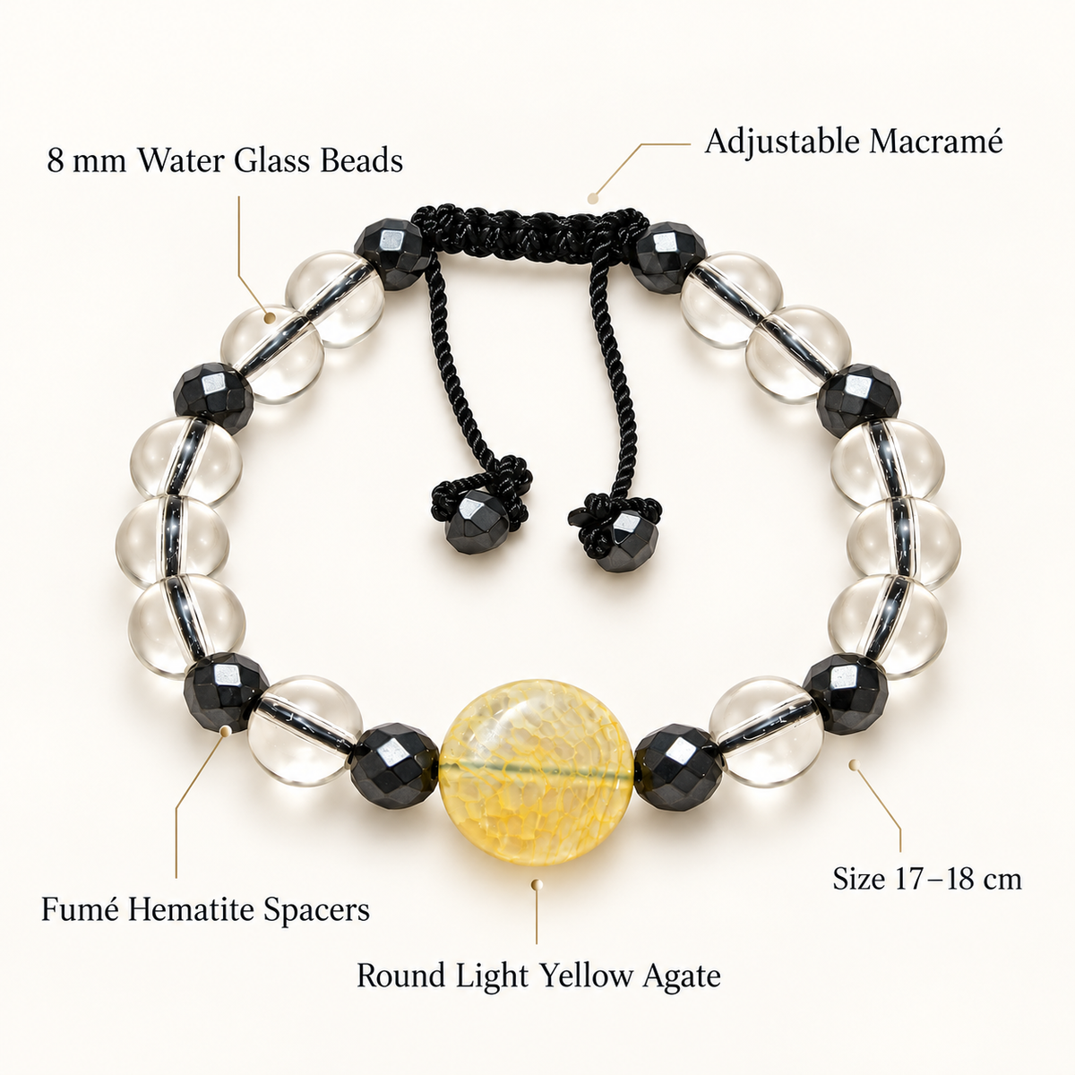 7agat Water Glass 8mm bracelet with Light Yellow Agate showing adjustable black macrame closure and 17-18cm size.