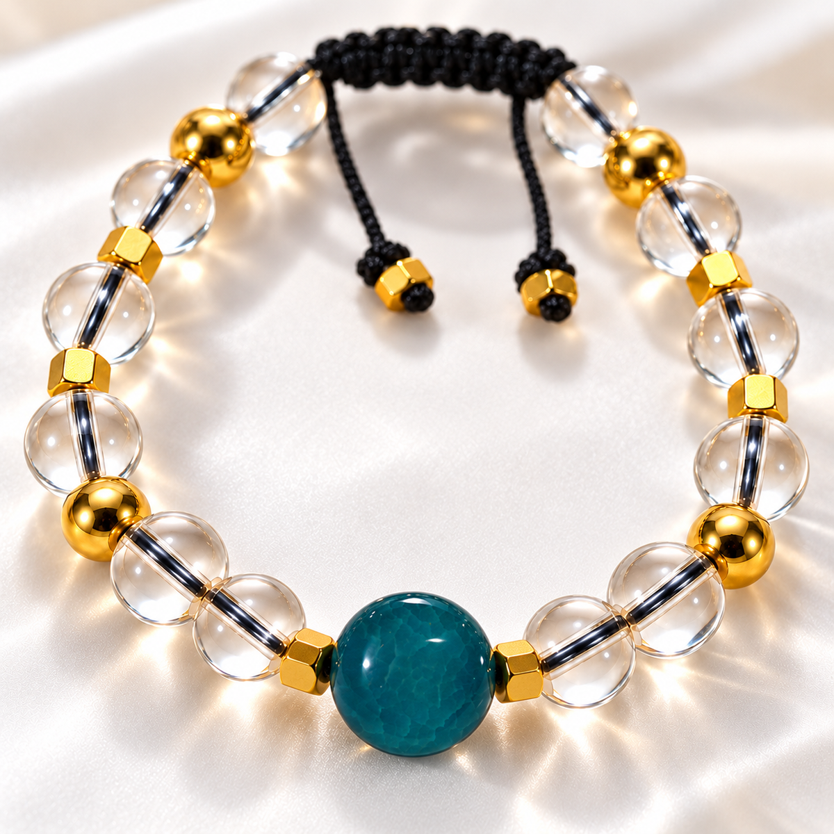 7agat detail of transparent Water Glass beads round Dark Blue Agate and Gold Hematite spacers.