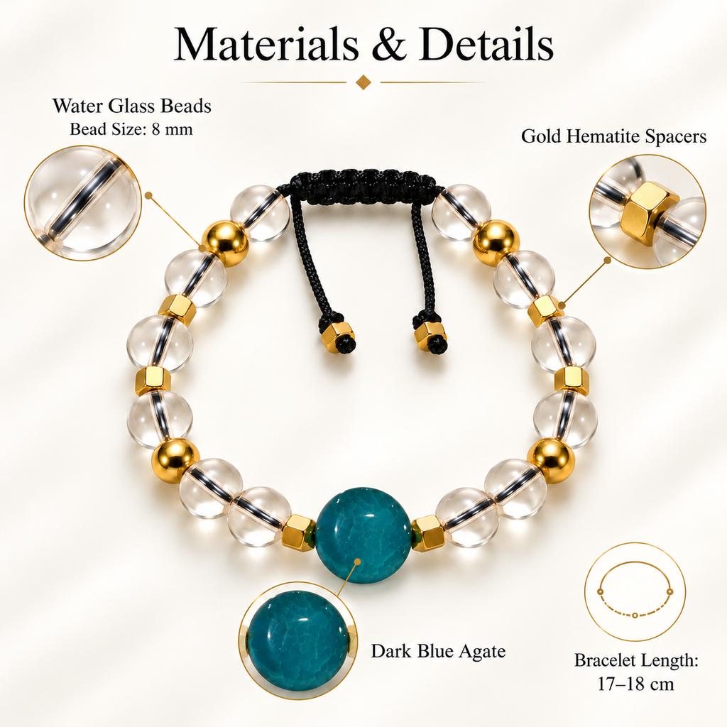 7agat Water Glass 8mm bracelet showing round Dark Blue Agate Gold Hematite and adjustable 17-18cm size.