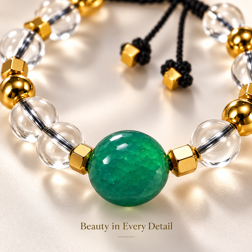7agat close-up of round Green Agate stone transparent Water Glass beads and Gold Hematite spacers.