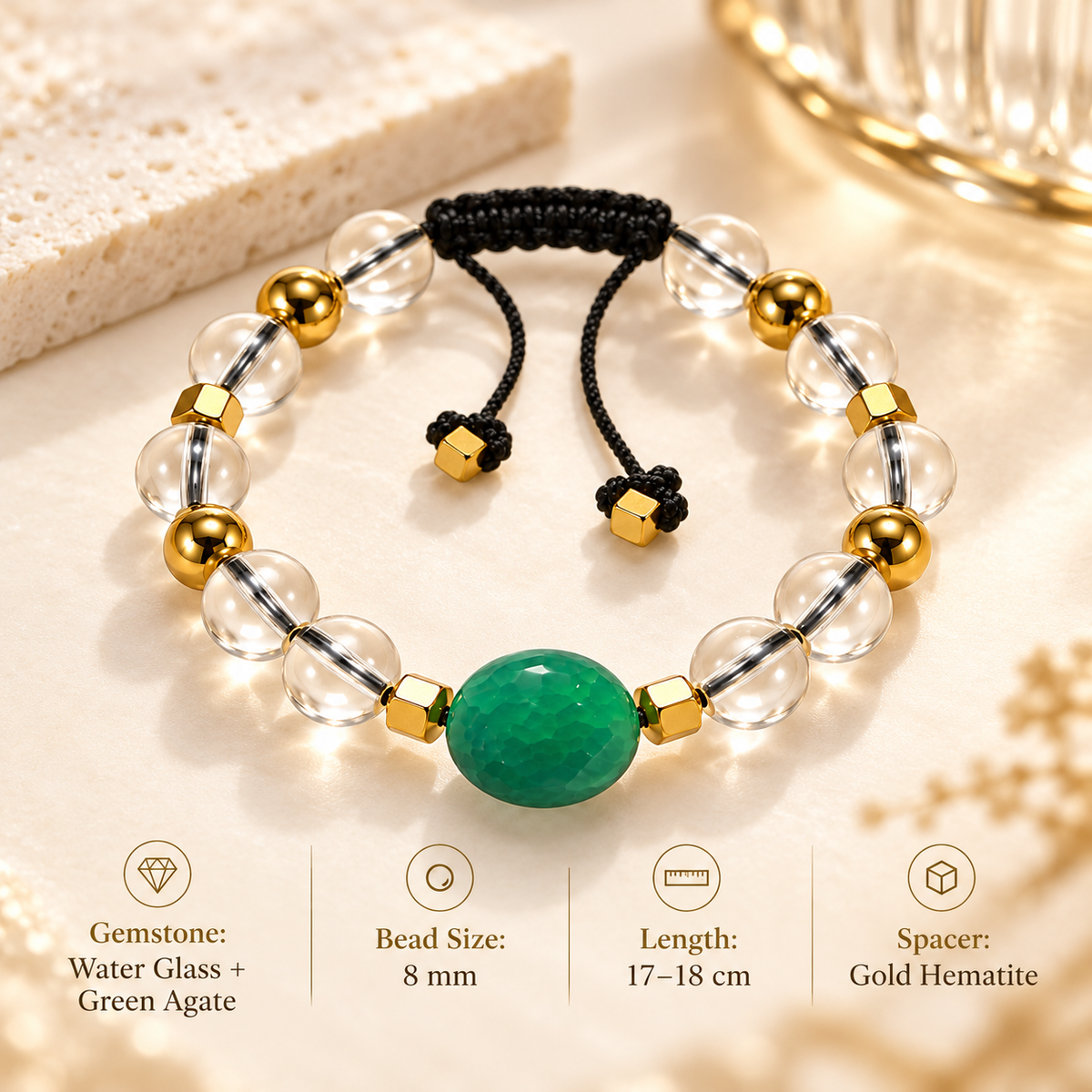 7agat Water Glass 8mm bracelet showing round Green Agate Gold Hematite and adjustable 17-18cm size.