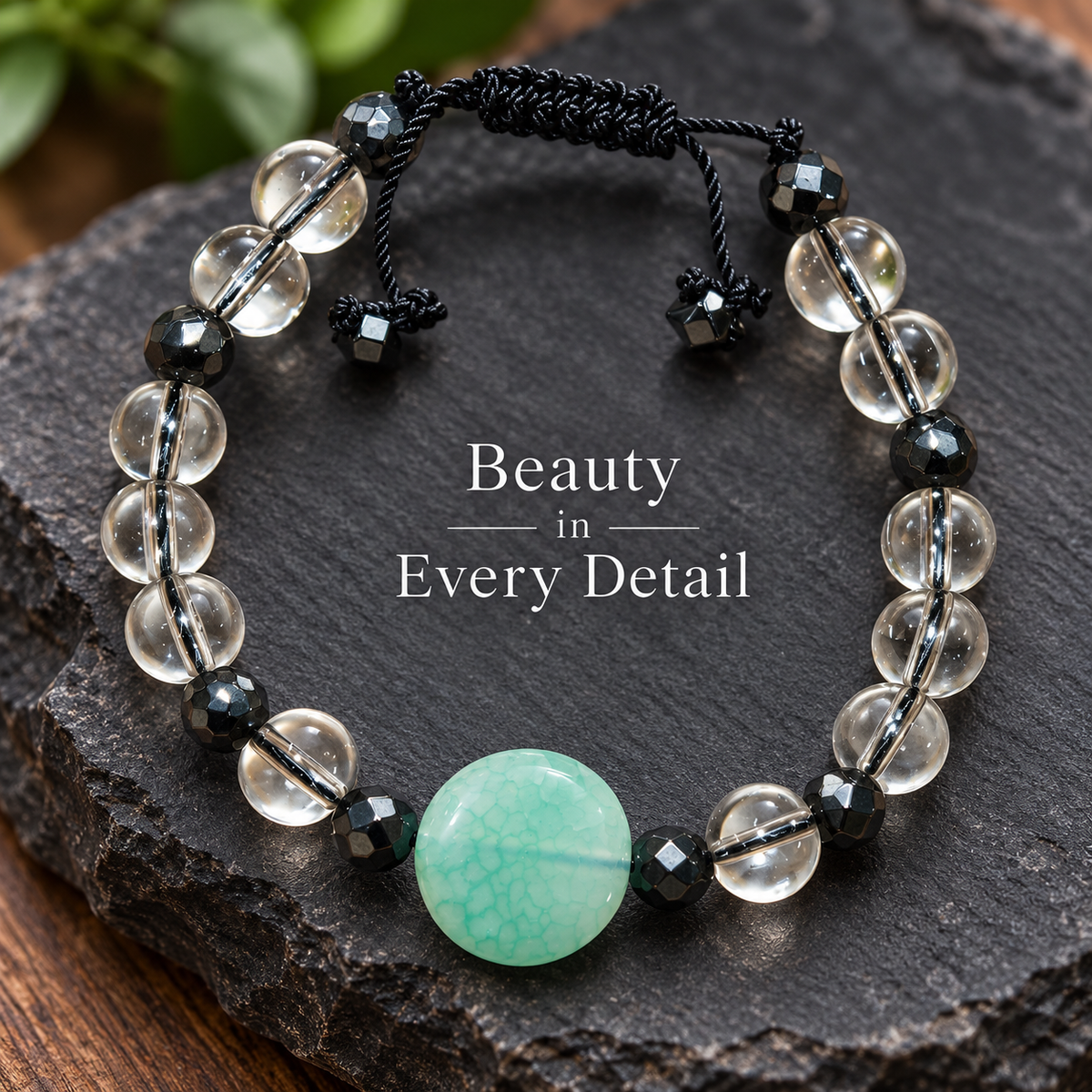 7agat macro detail of Light Green Agate centerpiece transparent glass beads and smoky Hematite spacers.