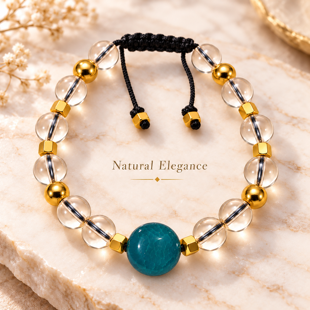 7agat Clear Water Glass bracelet with round Dark Blue Agate and Gold Hematite .