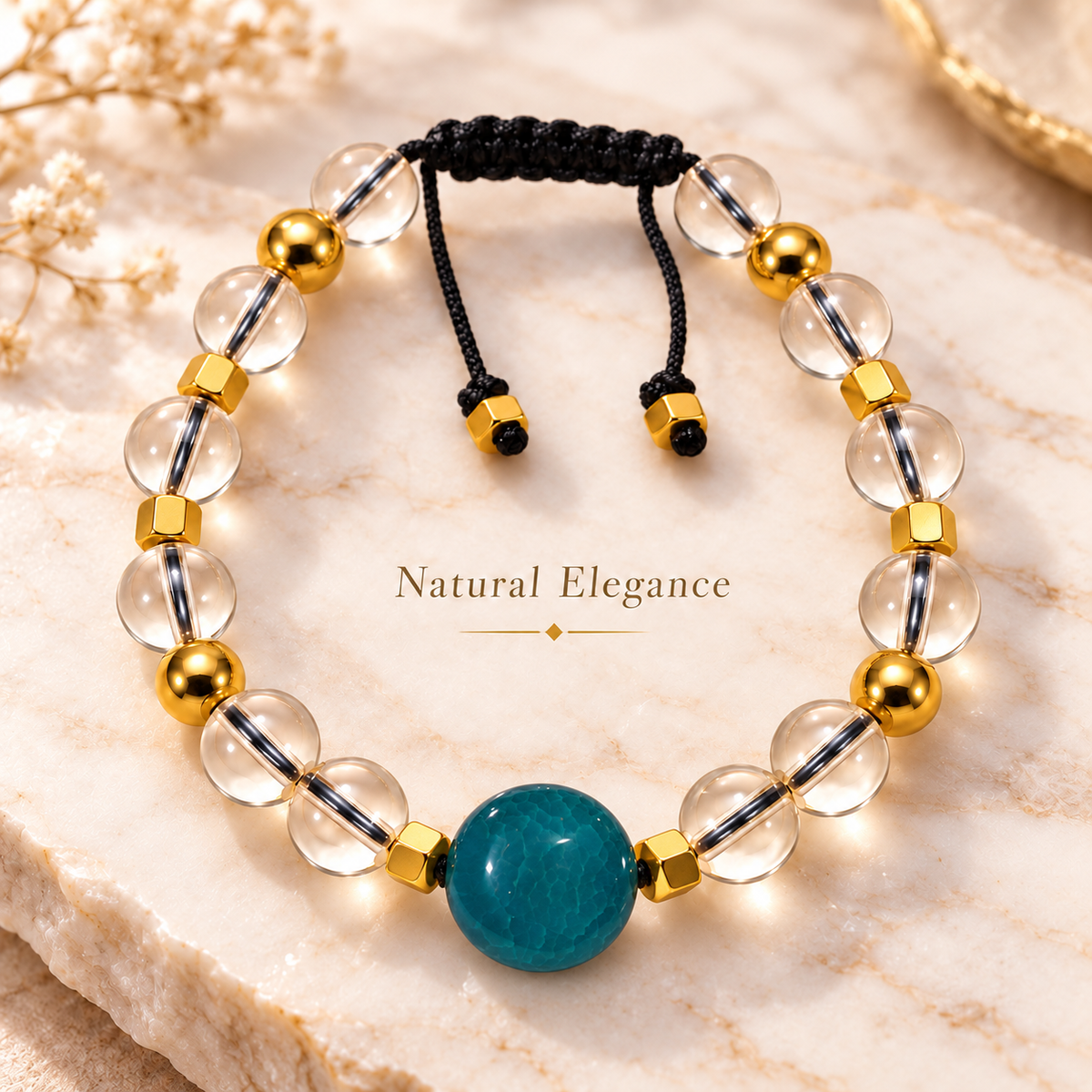 7agat Clear Water Glass bracelet with round Dark Blue Agate and Gold Hematite .