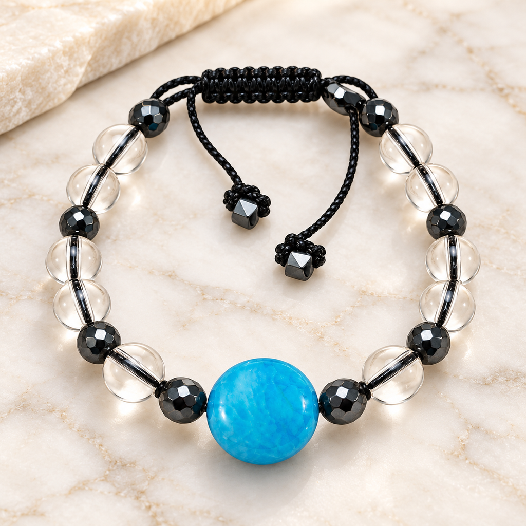 7agat transparent Water Glass bracelet with round Light Blue Agate and Fume Hematite.