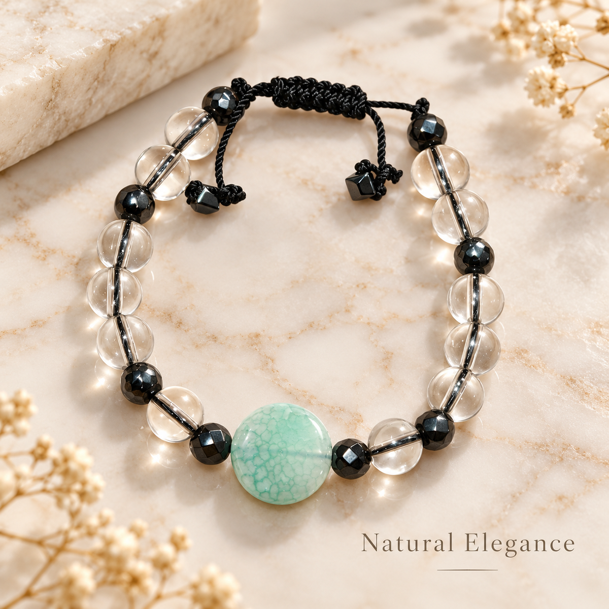7agat transparent Water Glass bracelet with round Light Green Agate and Fume Hematite.