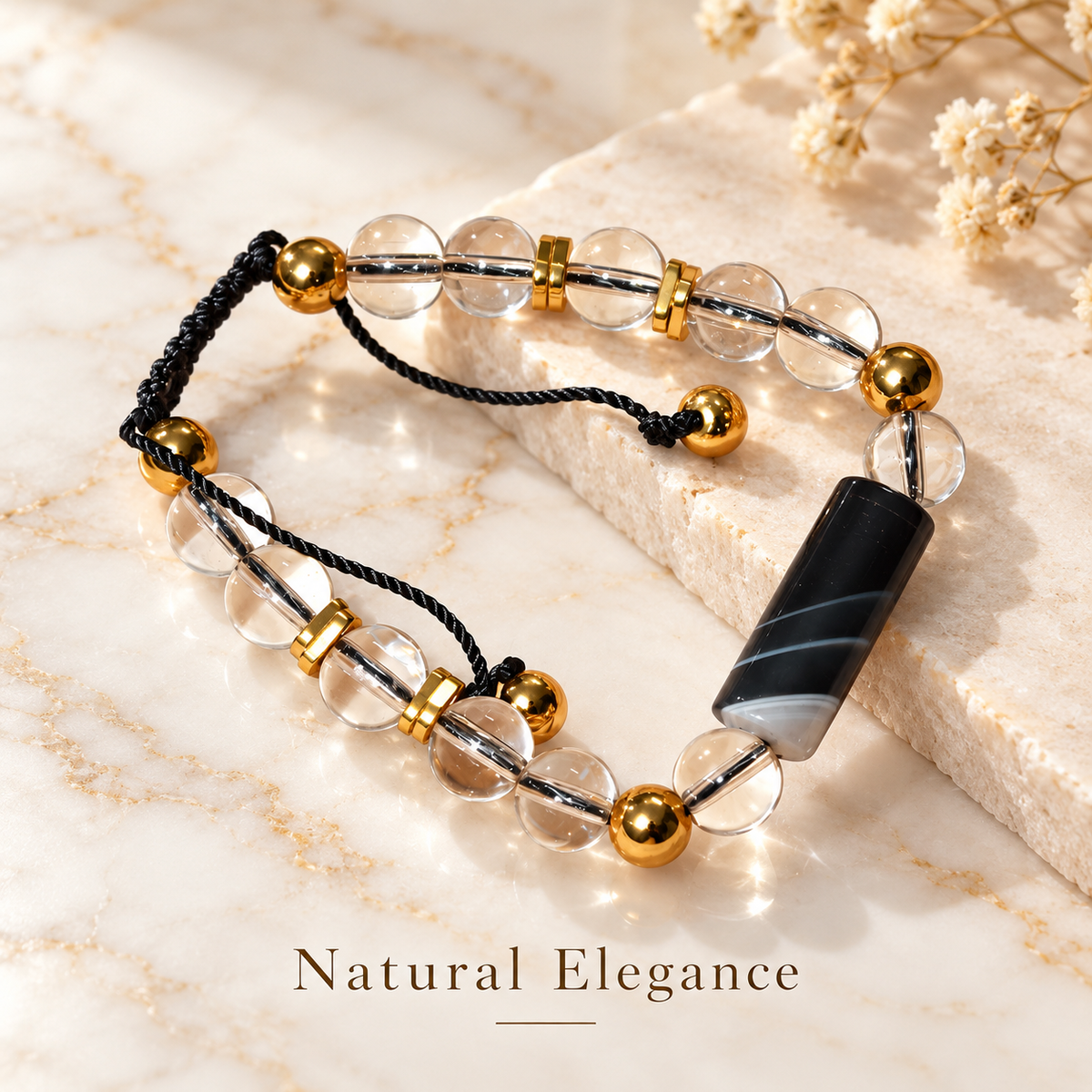 7agat Clear Water Glass and black grey white Cylindrical Agate bracelet.