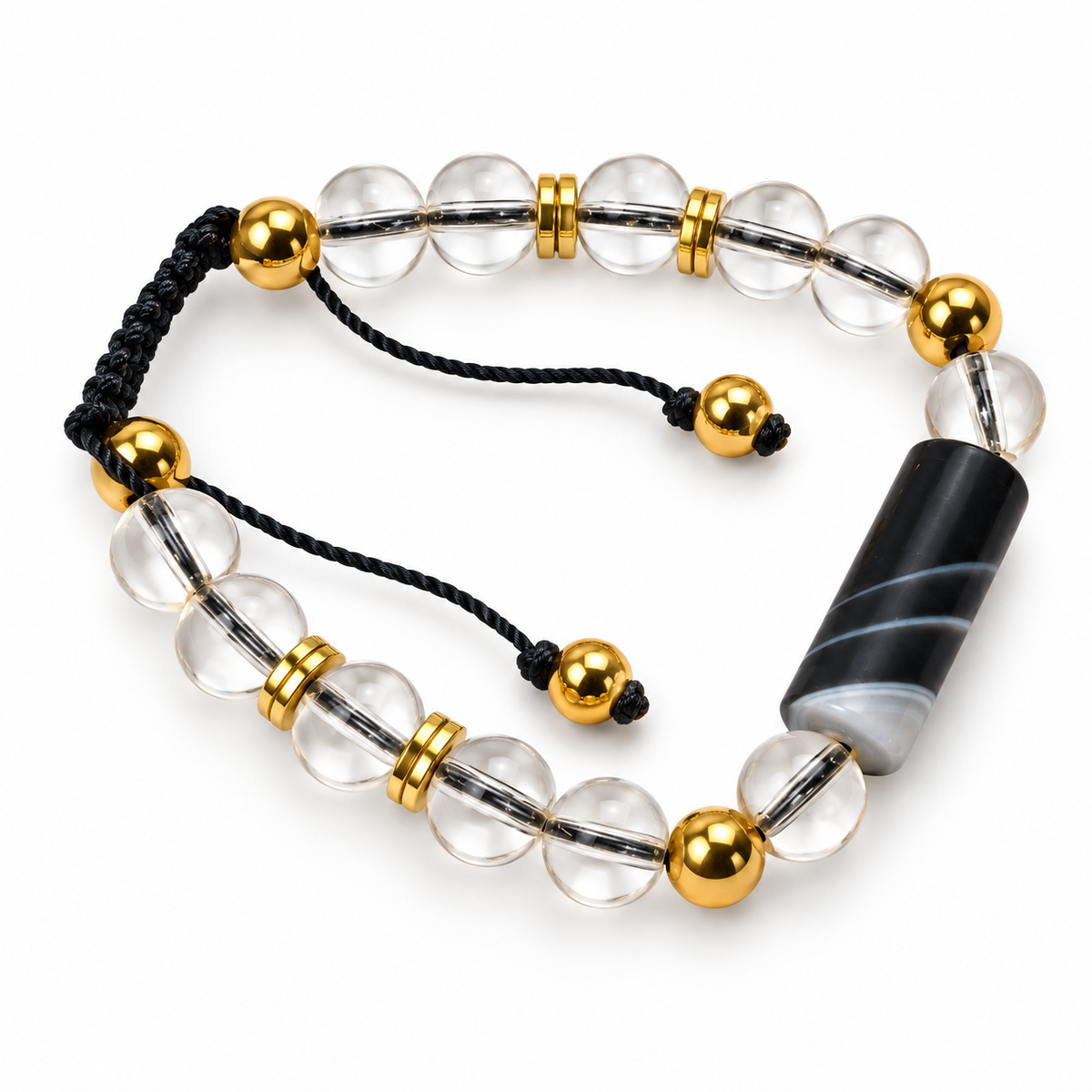 7agat Clear Water Glass 8mm bracelet with large Mixed-Color Cylindrical Agate and Gold Hematite.