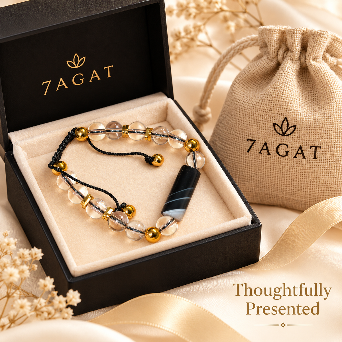 7agat Water Glass bracelet with Mixed-Color Agate and Gold Hematite presented with jewelry box and burlap pouch.