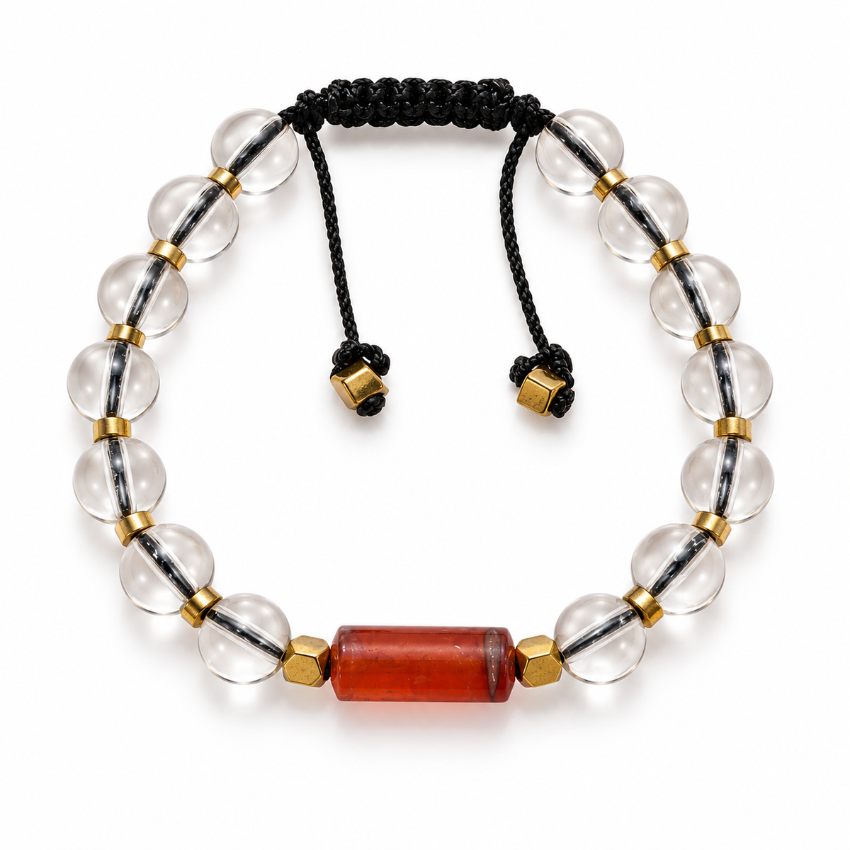 7agat Clear Water Glass 8mm bracelet with Orange Cylindrical Agate and Gold Hematite.
