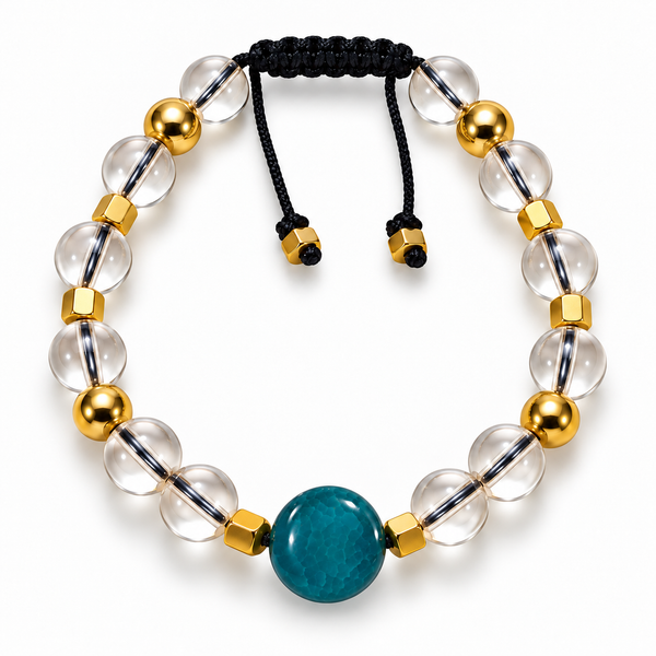 7agat Clear Water Glass 8mm bracelet with round Dark Blue Agate centerpiece and Gold Hematite.