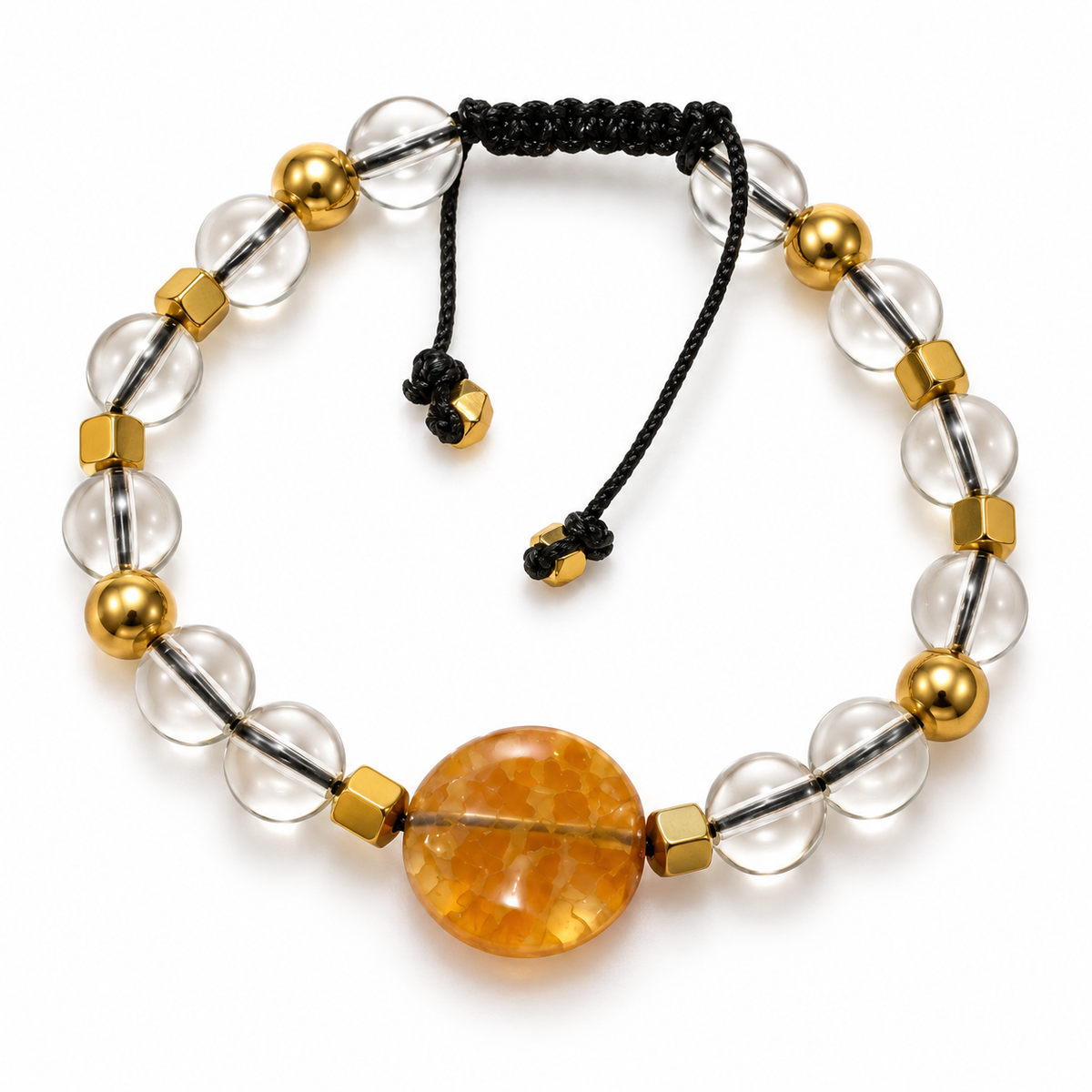 7agat Clear Water Glass 8mm bracelet with round Dark Yellow Agate and Gold Hematite spacers.