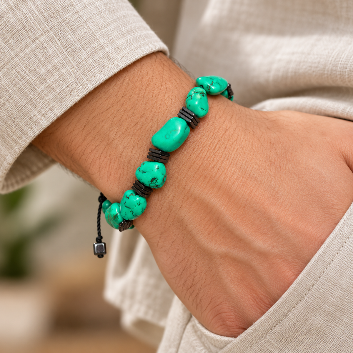 7agat Clear Water Glass bracelet with round Light Blue Agate worn on a man's wrist.