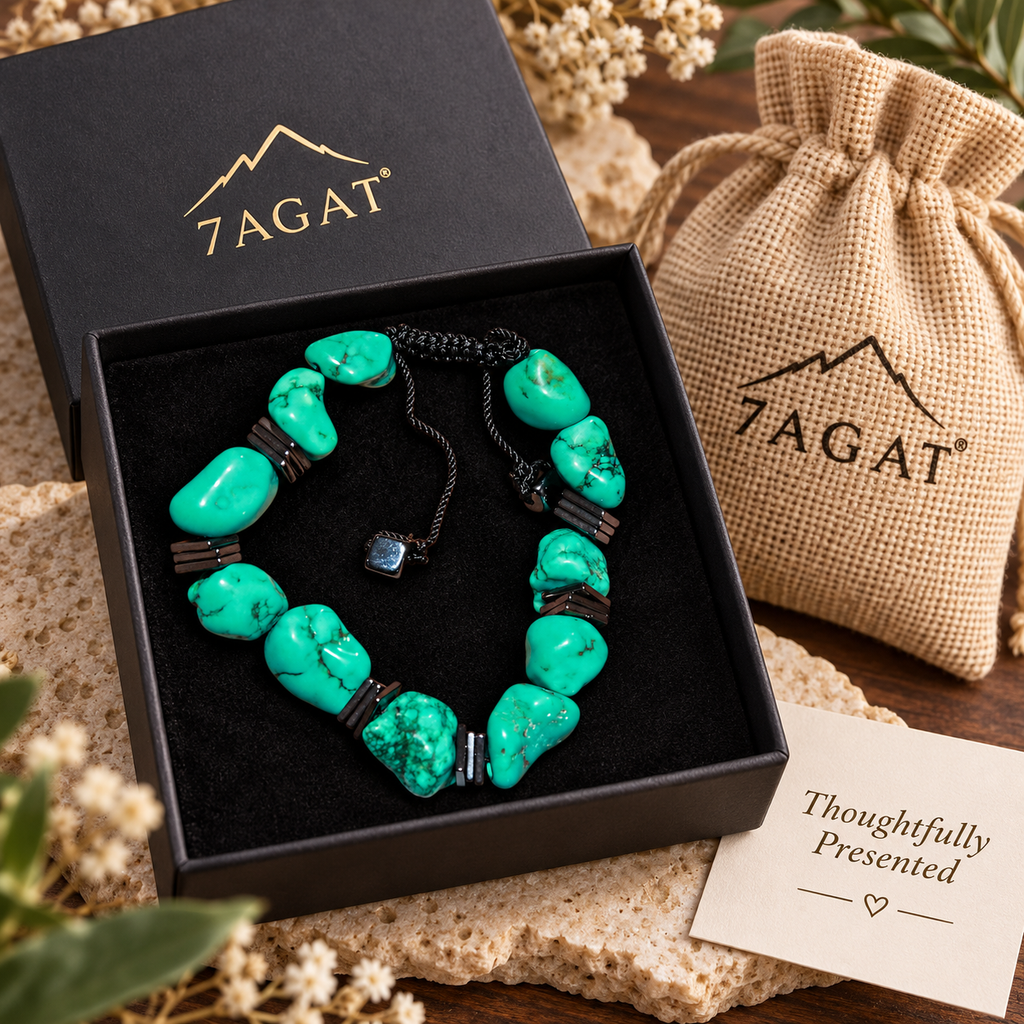 7agat Light Blue Agate Water Glass bracelet with Fume Hematite presented with jewelry box and burlap pouch.