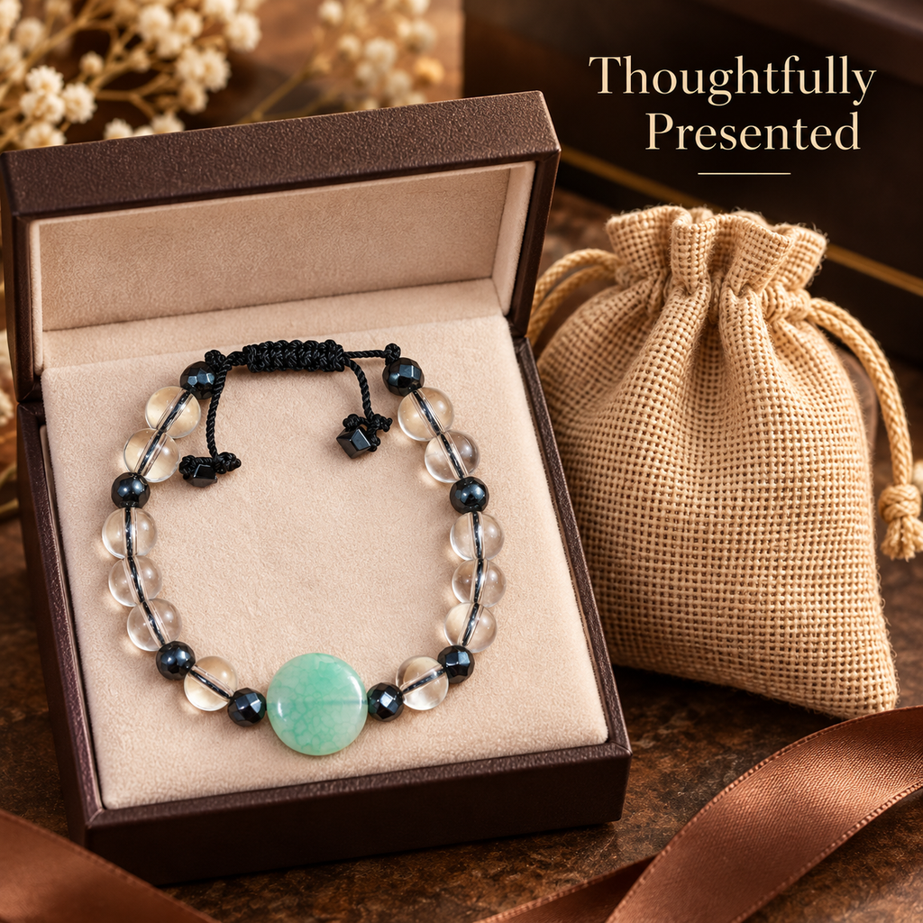 7agat Light Green Agate Water Glass bracelet with Fume Hematite presented with jewelry box and burlap pouch.