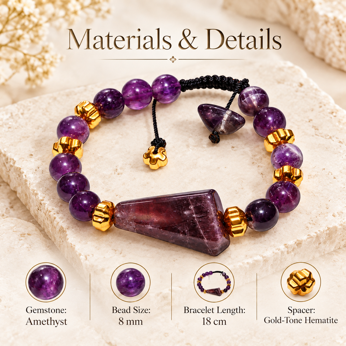 7agat amethyst bracelet materials and details card with 8 mm beads and 18 cm length.