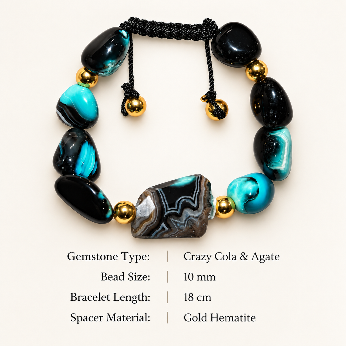 7agat Crazy Cola 10mm bracelet with Agate centerpiece and Gold Hematite material details.