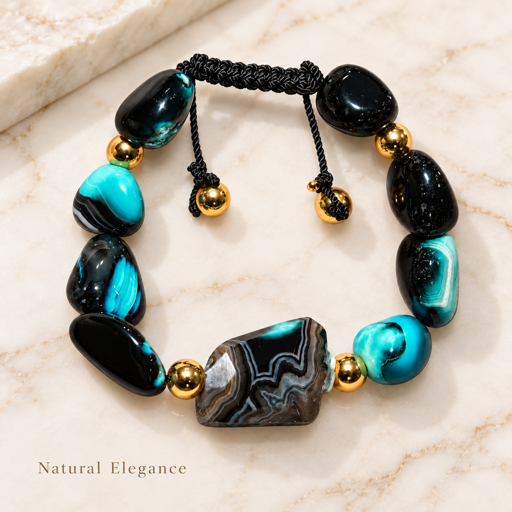 7agat Crazy Cola and Agate bracelet with Gold Hematite spacers.