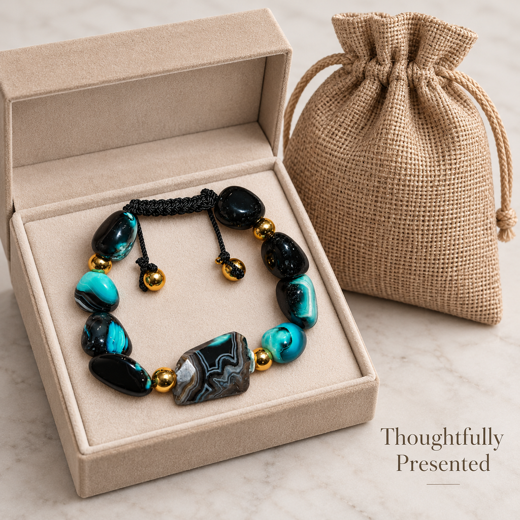 7agat Crazy Cola and patterned Agate bracelet with Gold Hematite presented in jewelry box.