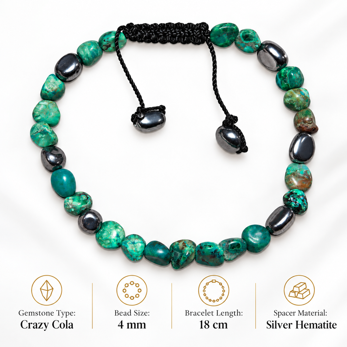 7agat Crazy Cola 4mm chip bracelet with silver Hematite spacers and 18cm length details.