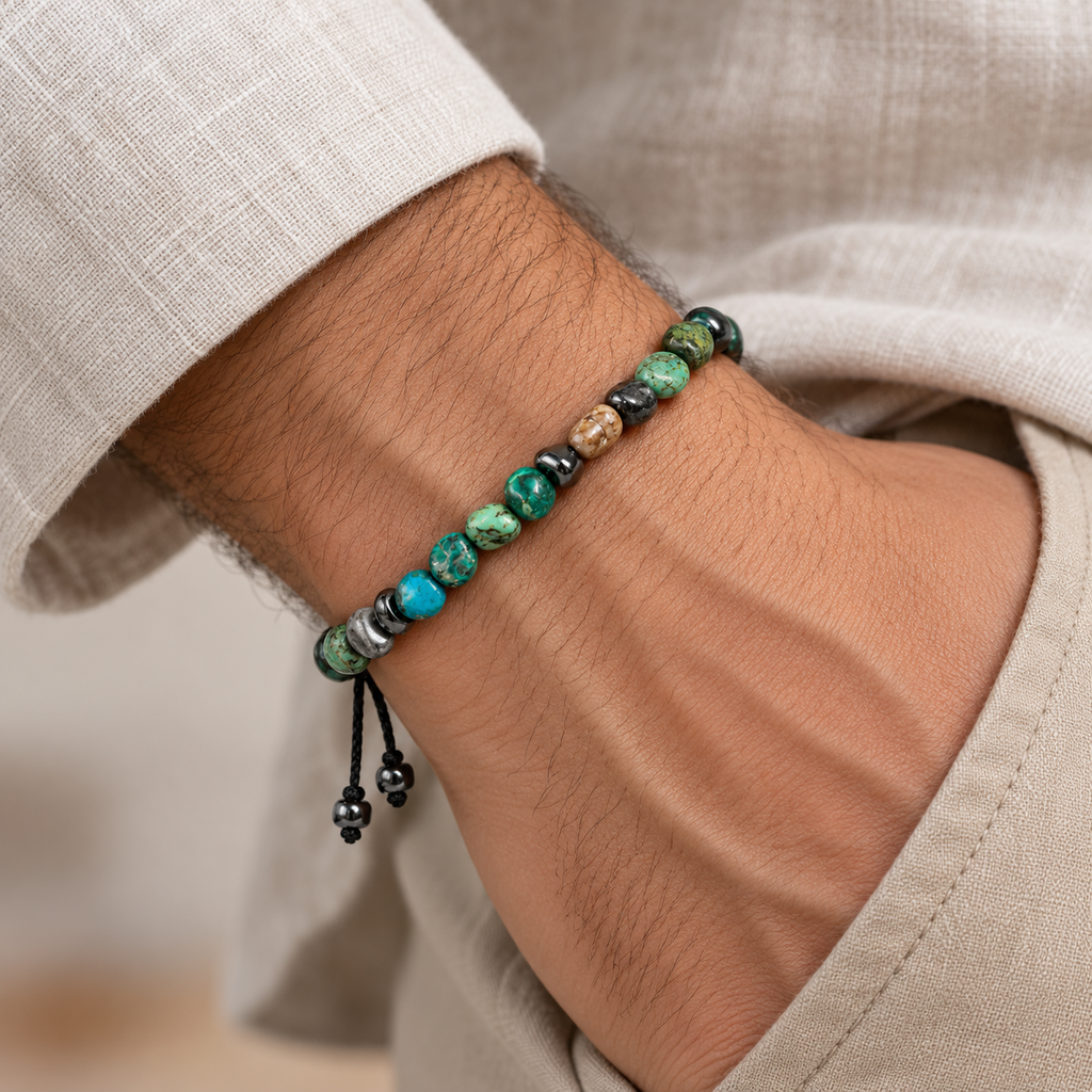 7agat Crazy Cola chip bracelet with silver Hematite worn on a man's wrist.