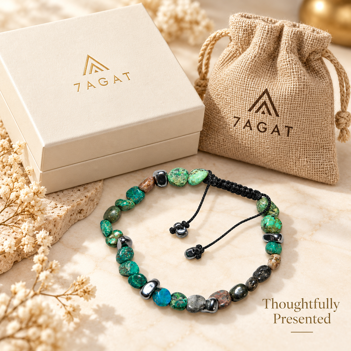 7agat Crazy Cola and silver Hematite bracelet presented with jewelry box and burlap pouch.