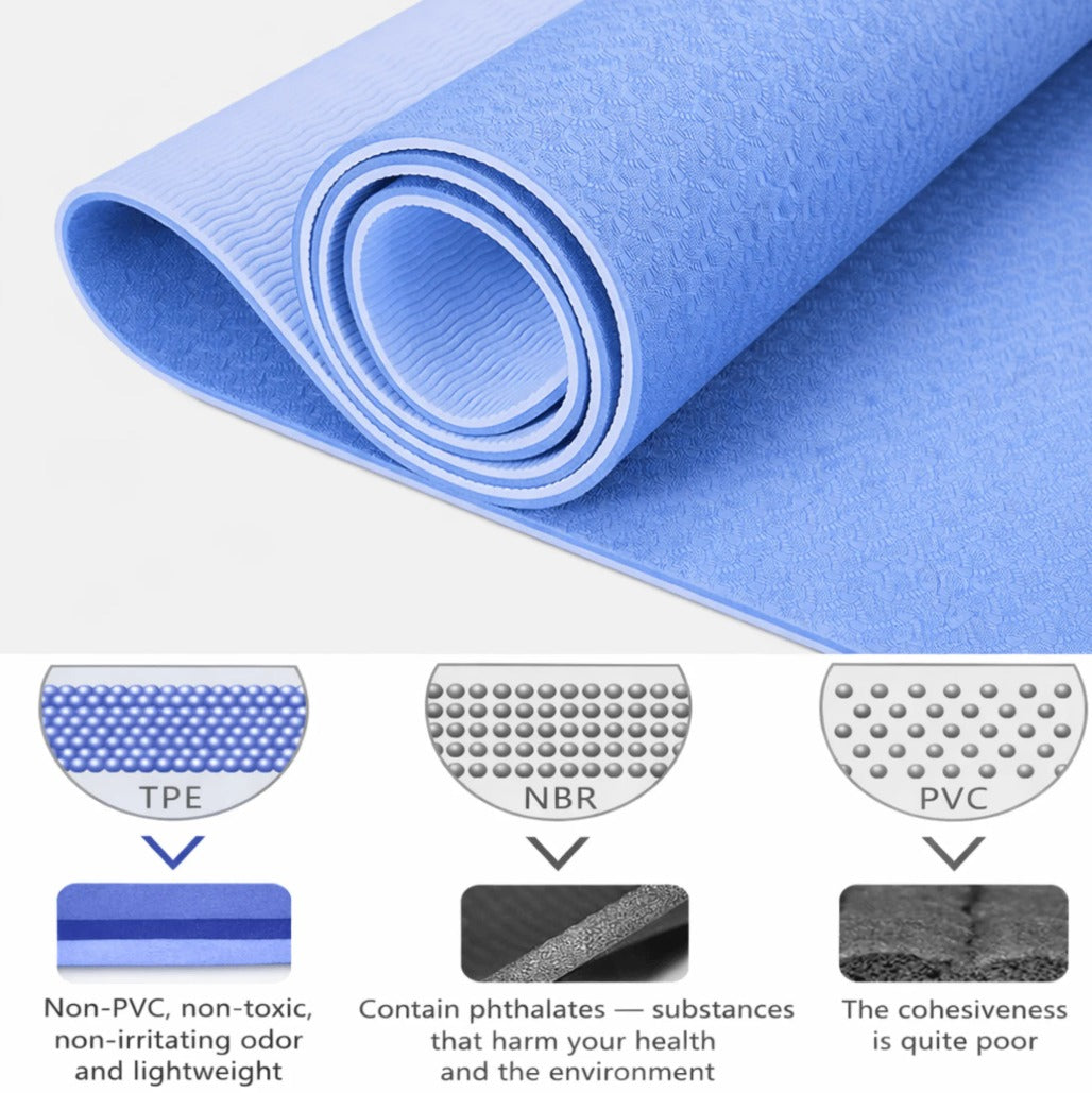 7AGAT double-sided TPE yoga mat with non-slip surface, 6mm thickness for yoga, Pilates, and home workouts, shown in the image.