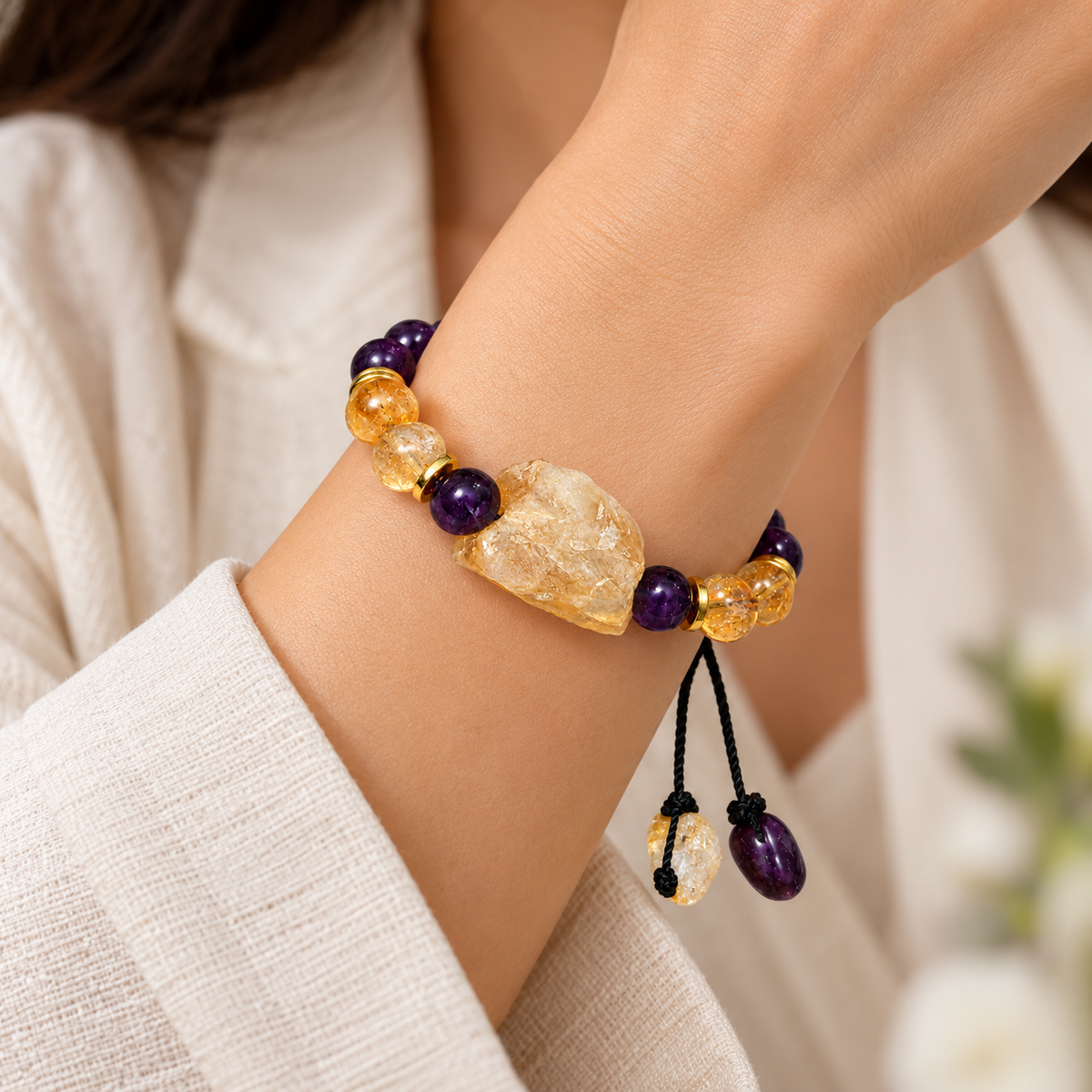 7agat amethyst and citrine adjustable bracelet worn on a wrist showing gemstone proportions and styling.
