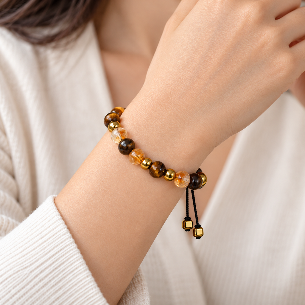 7agat Citrine and Brown Tiger Eye bracelet illustrated on a wrist with neutral clothing.