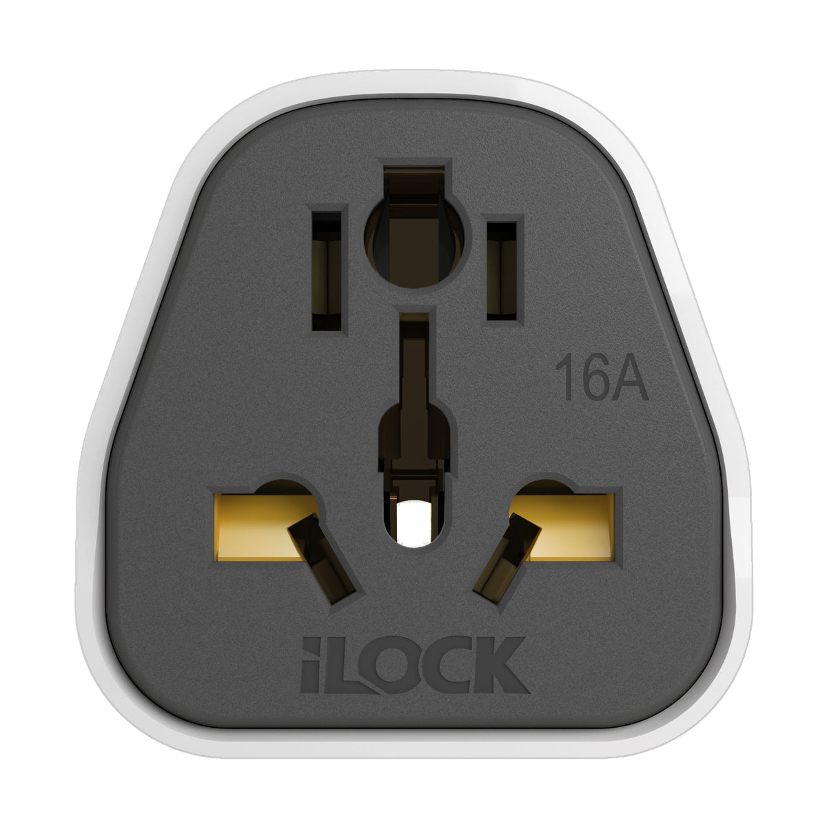 White iLOCK Slim universal plug adapter by 7AGAT with multi-standard socket, compact travel power converter, 16A 250V 3500W