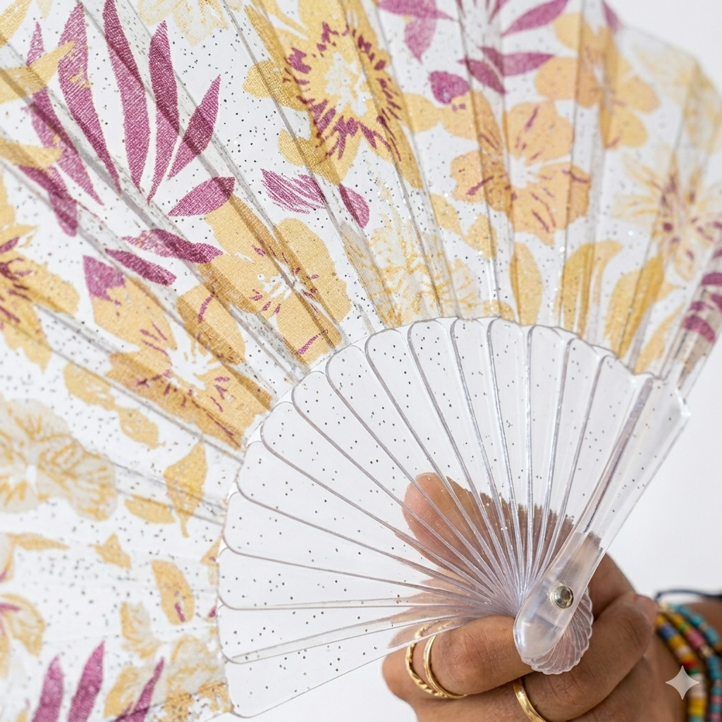 Transparent acrylic folding hand fan by 7AGAT, lightweight and portable with clear durable frame for weddings, parties, and outdoor events.