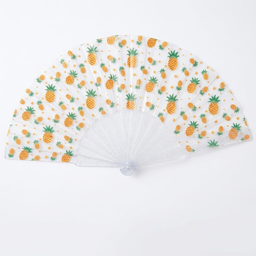 Transparent acrylic folding hand fan with clear frame, lightweight and portable, suitable for weddings, parties, and outdoor events.
