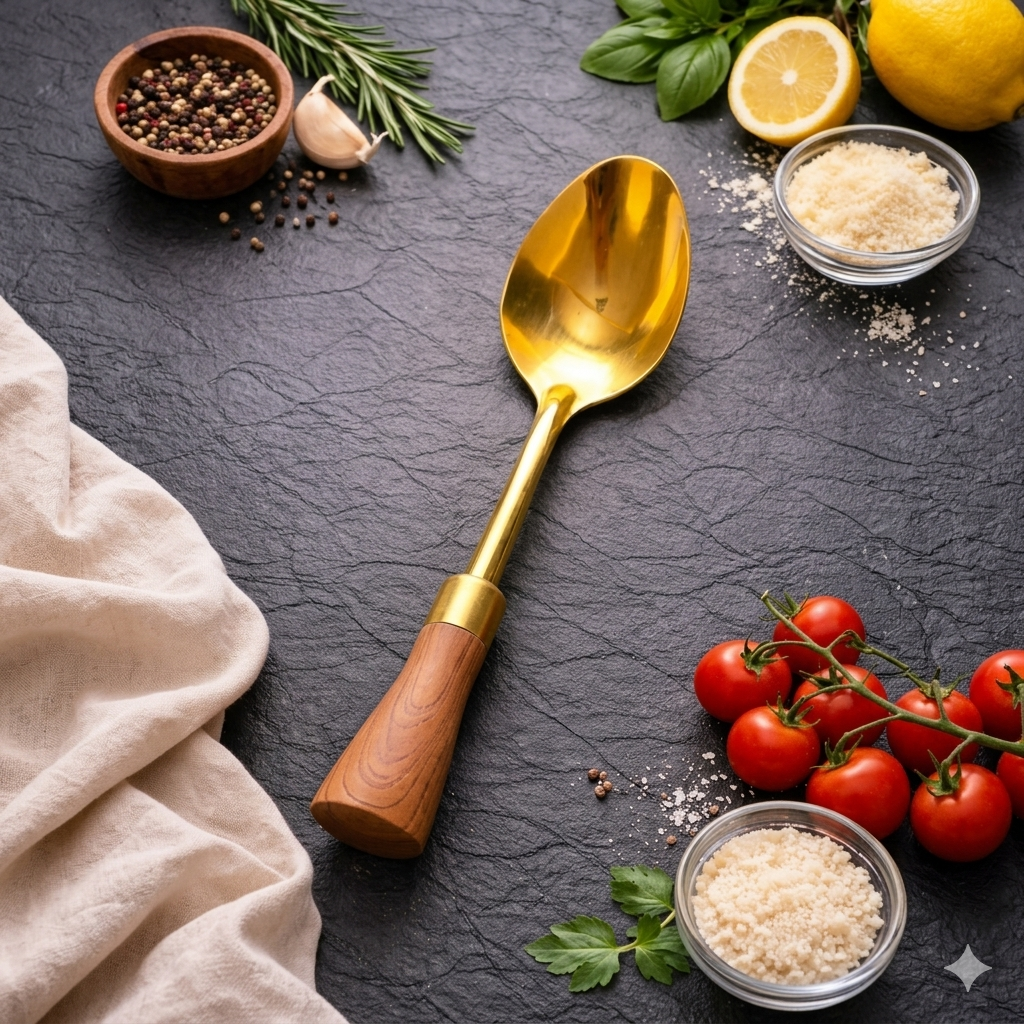 7AGAT stainless steel kitchen utensil with ergonomic handle, heat resistant, dishwasher safe for frying, serving, and cooking.