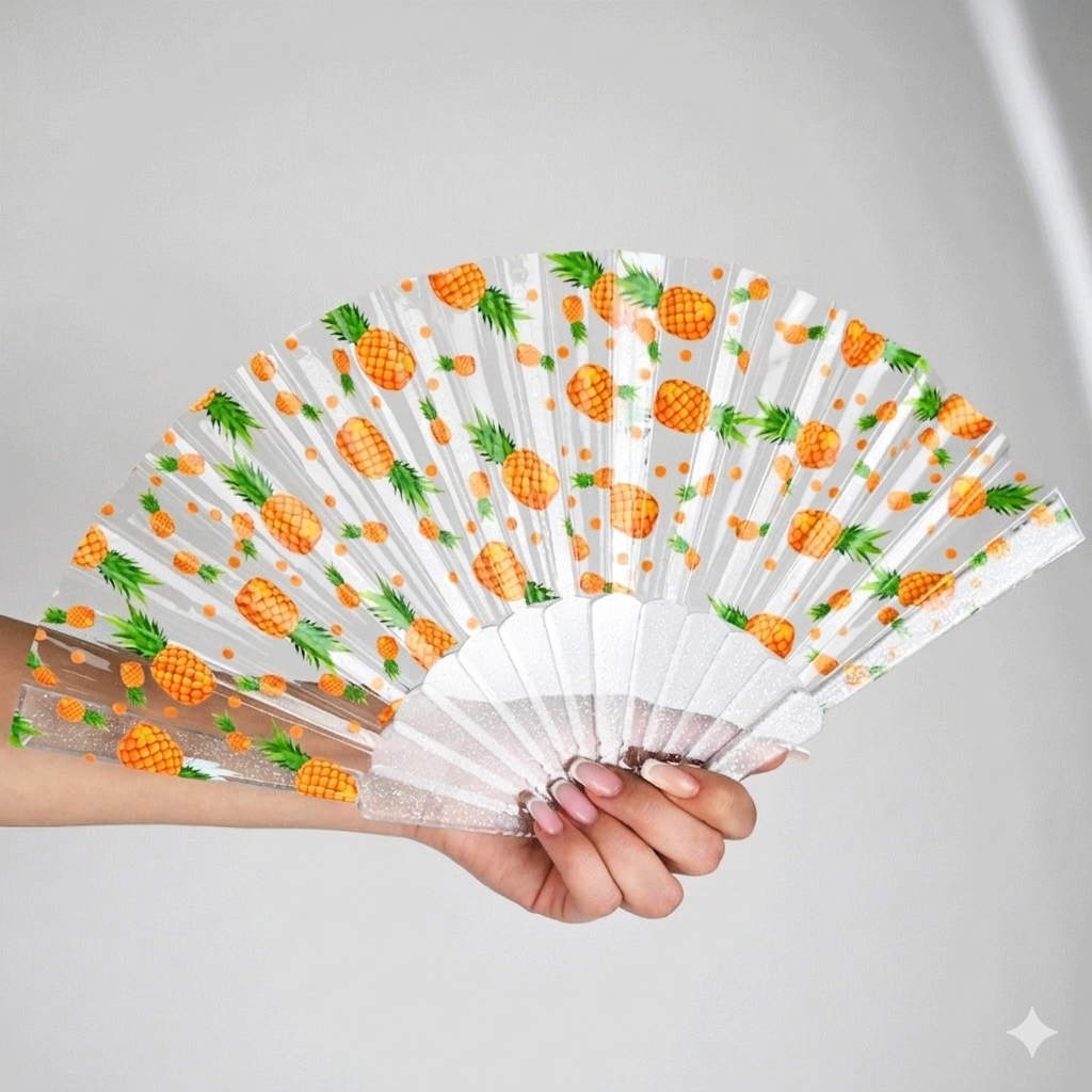 Transparent acrylic folding hand fan with clear frame, lightweight and portable, ideal for weddings, parties, and outdoor events.