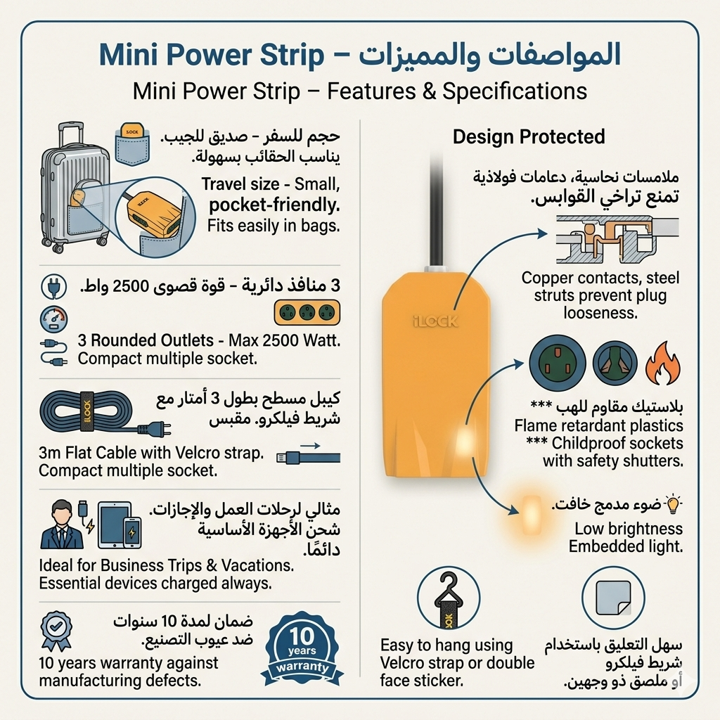 7AGAT iLOCK Mini Power Strip with 3 outlets, retractable cable, copper sockets, soft night light, portable hanging design.