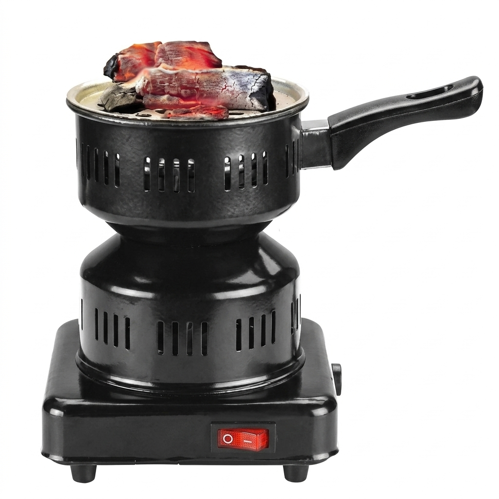 Black 7AGAT electric charcoal burner with 1000W power, heat-resistant handle, metal construction, ideal for easy barbecue coal ignition