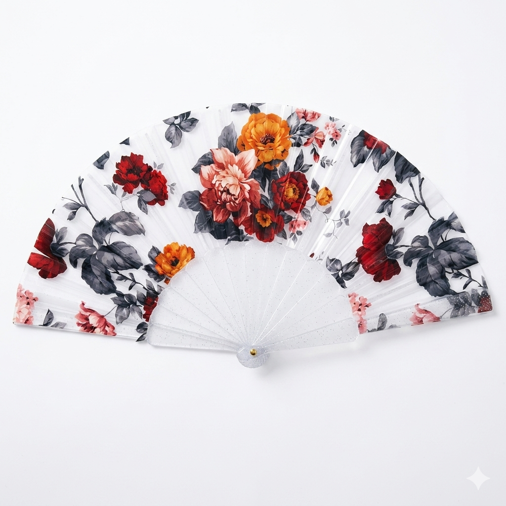 Clear acrylic folding hand fan with lightweight, durable frame for weddings, parties, outdoor events, and daily use by 7AGAT.