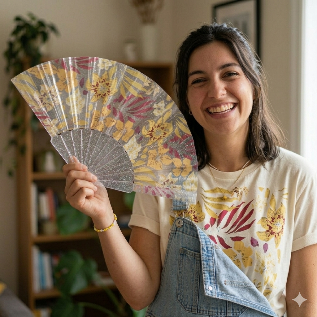 Clear acrylic folding hand fan with lightweight, durable frame, perfect for weddings, parties, outdoor events, and daily use.