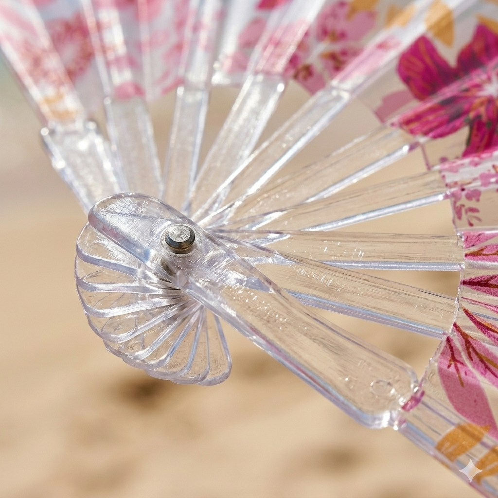 Transparent acrylic folding hand fan by 7AGAT with clear frame, lightweight, portable, ideal for weddings, parties, and outdoor events.
