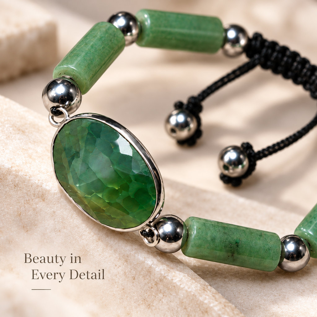 7agat close up of green jade cylindrical beads green agate and silver hematite spacers.