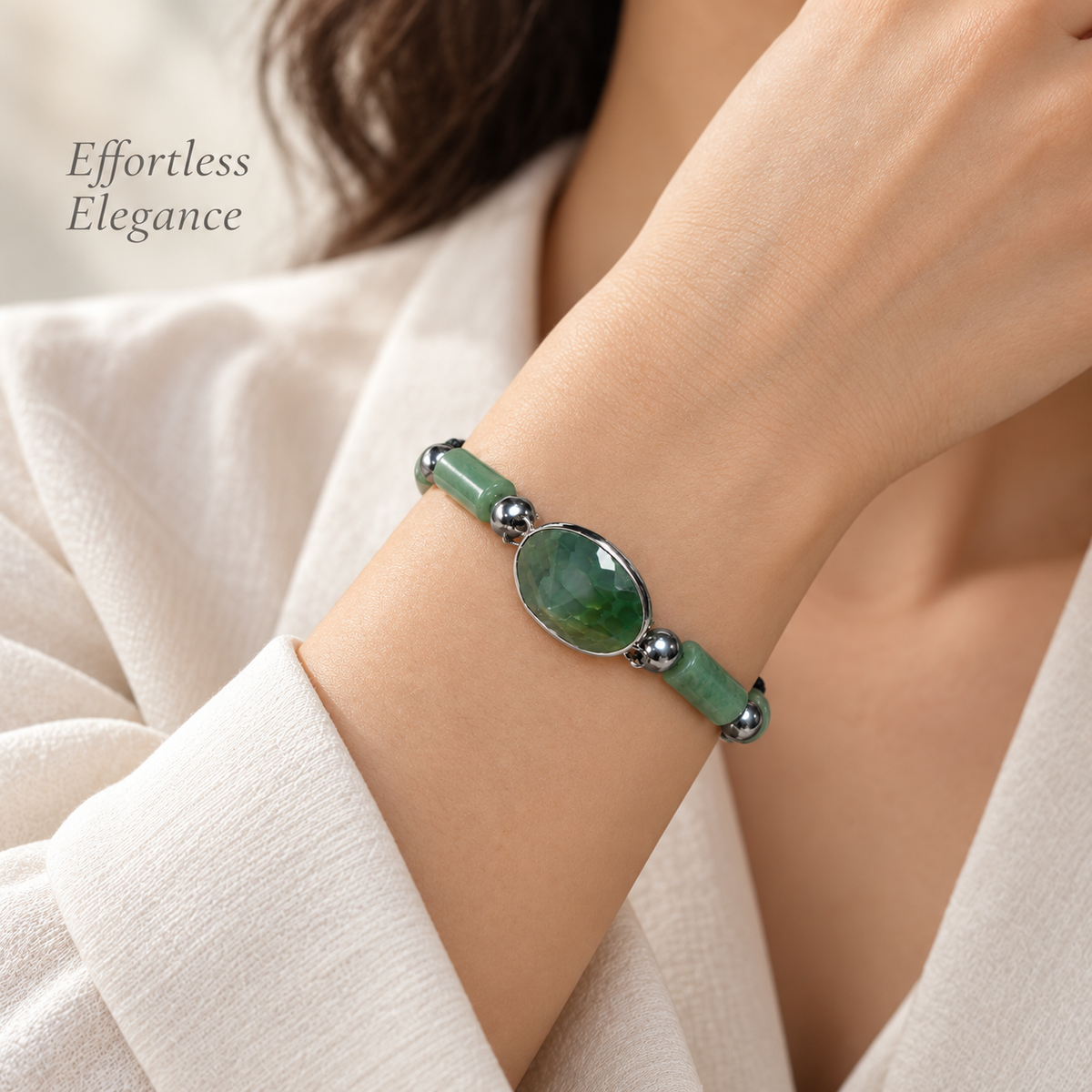 7agat green jade and green agate bracelet worn on female wrist.