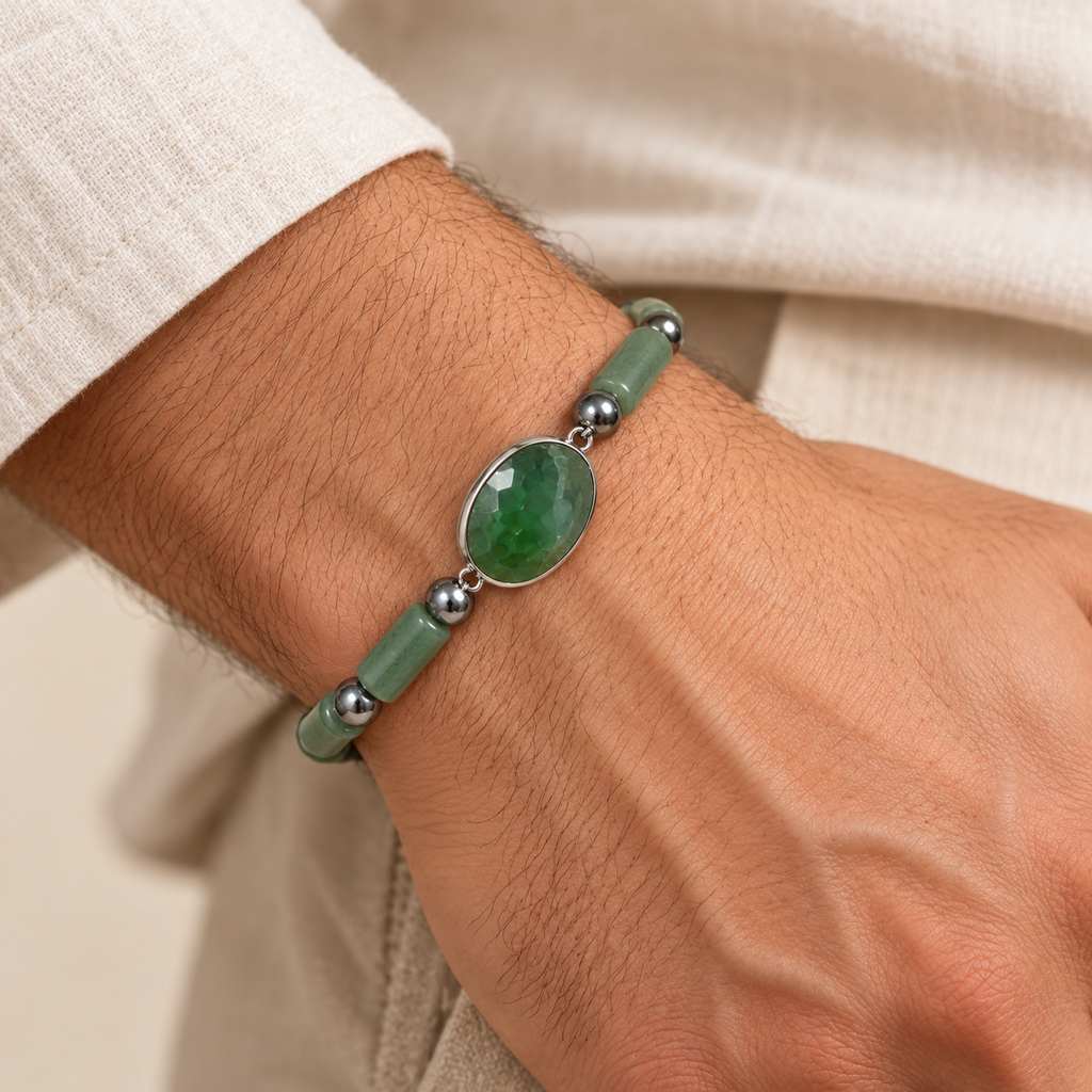 7agat green jade and green agate bracelet worn on male wrist.