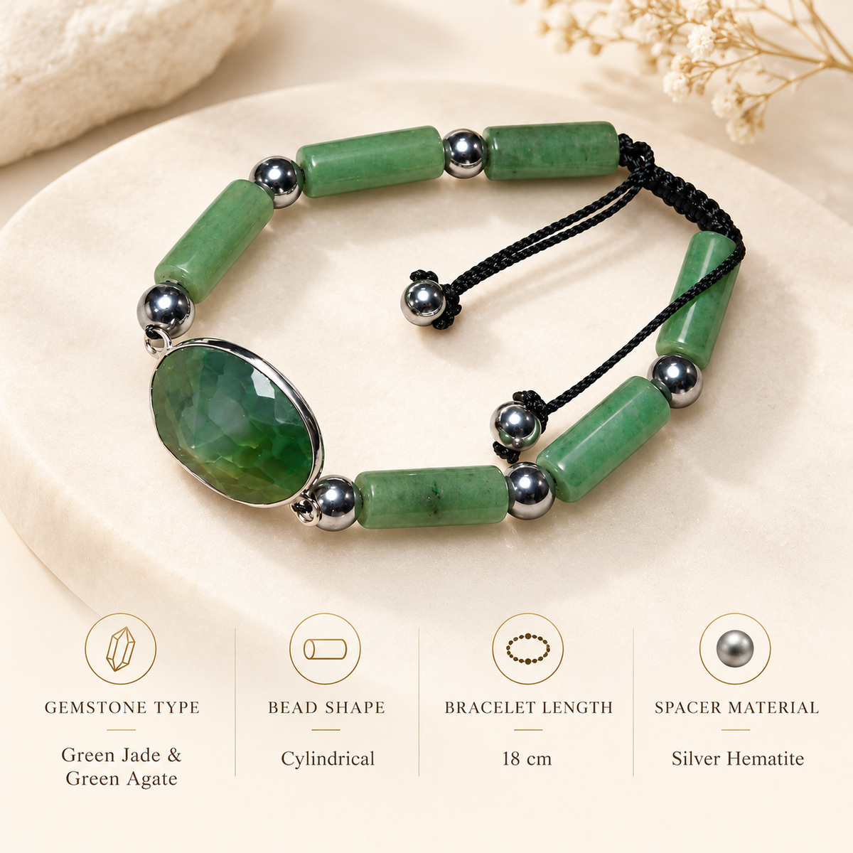 7agat green jade bracelet product details with silver hematite spacers.