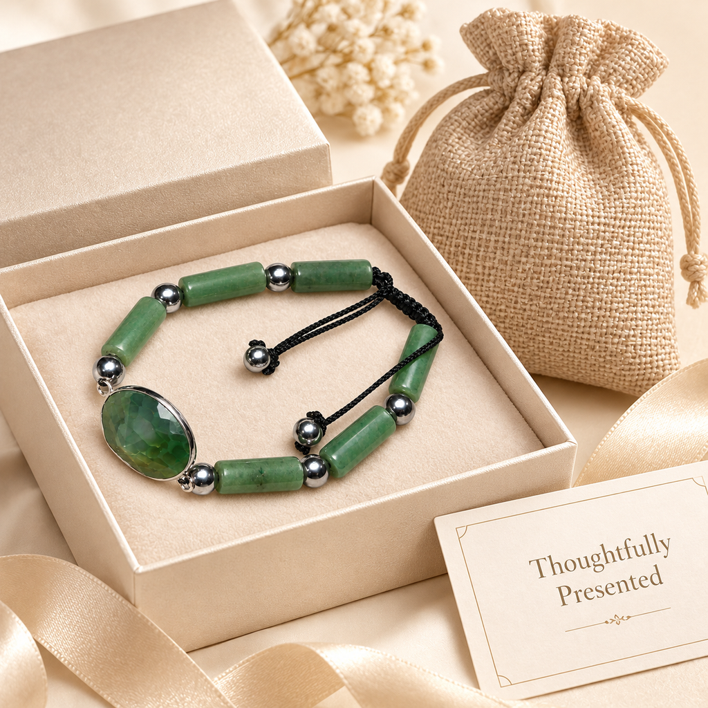 1. 7agat green jade bracelet with chain box and burlap pouch packaging.