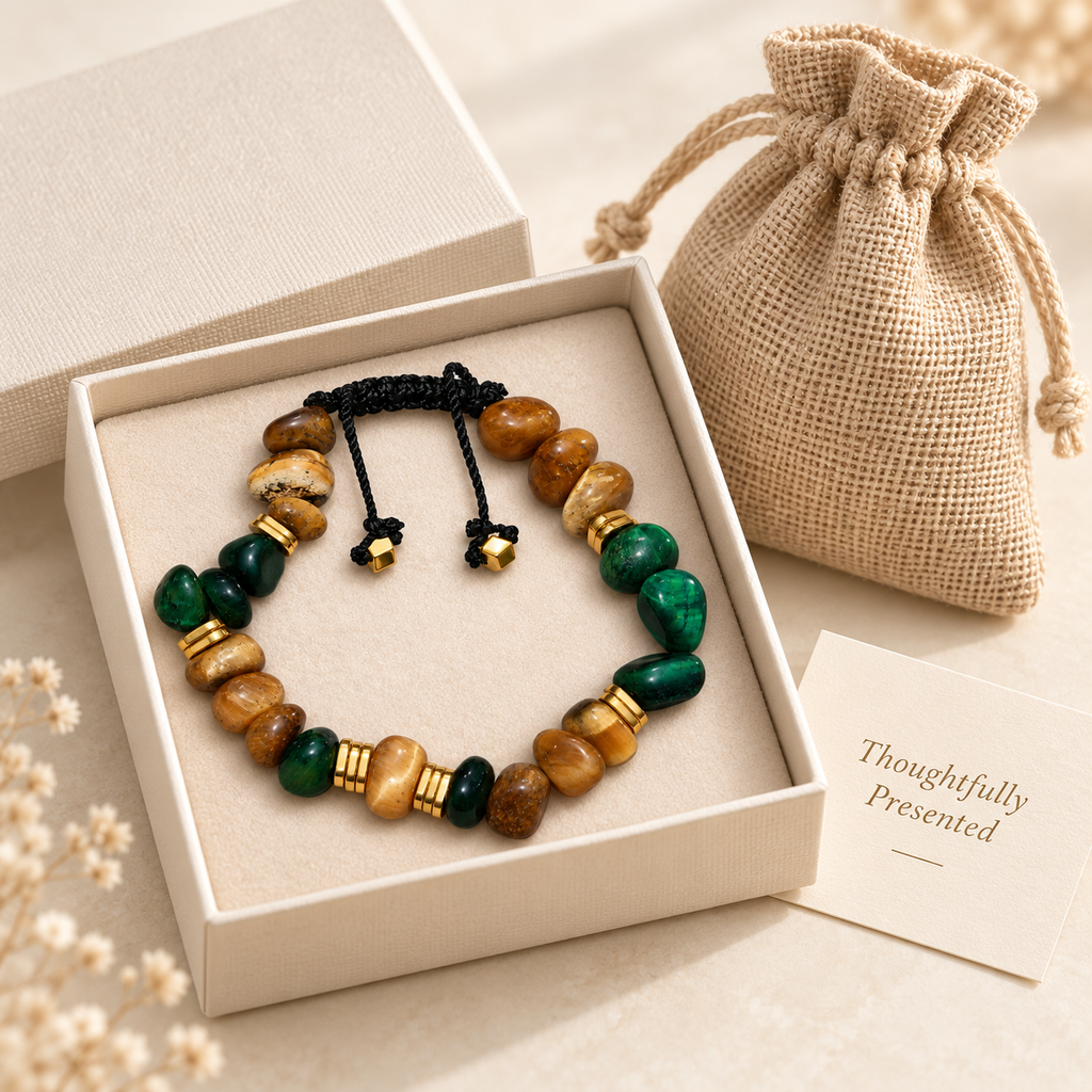 7agat original green and camel Tiger Eye bracelet with jewelry box and burlap bag.