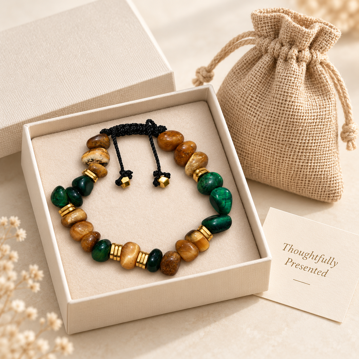 7agat original green and camel Tiger Eye bracelet with jewelry box and burlap bag.