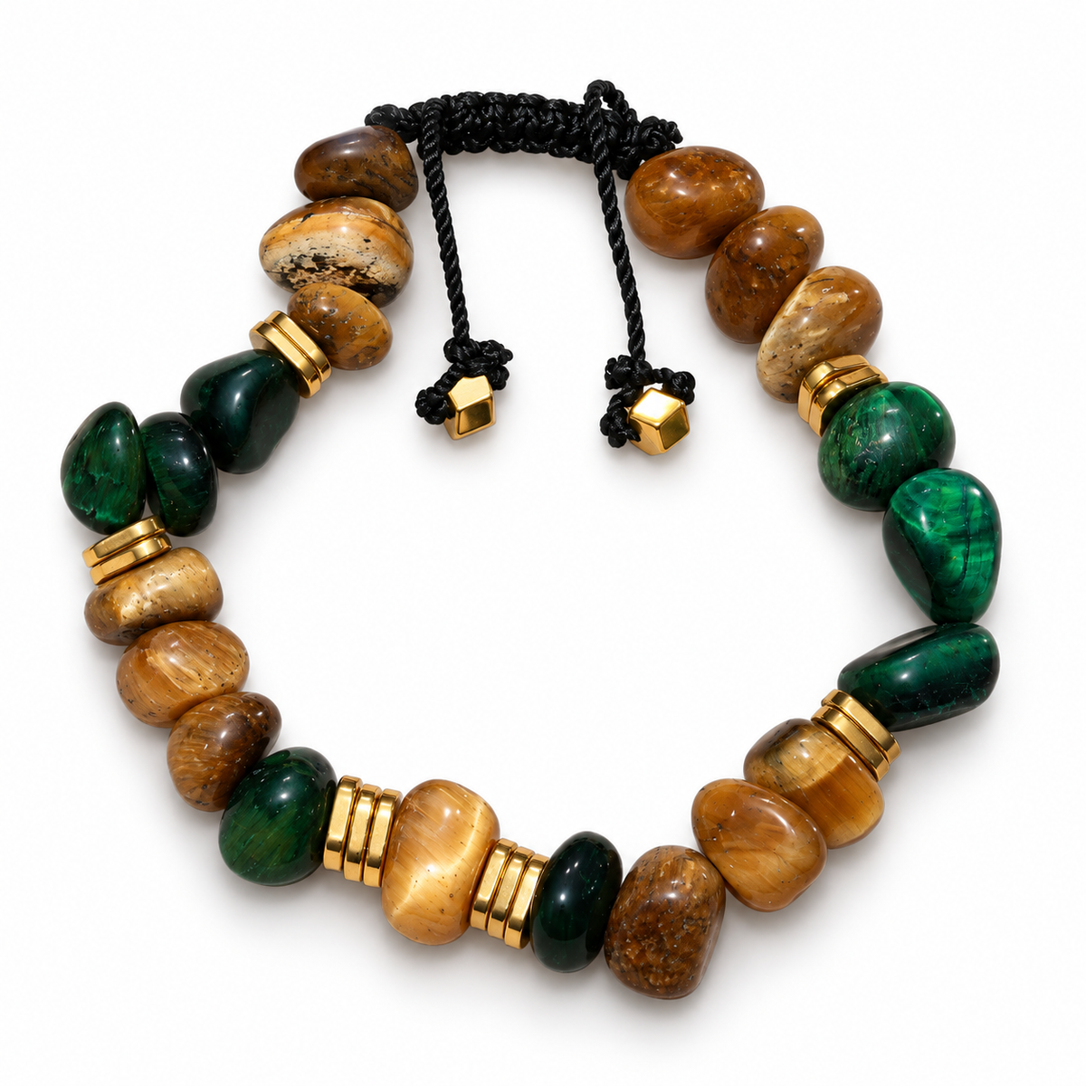 7agat green and camel Tiger Eye bracelet with irregular gemstone beads and gold-tone hematite spacers.