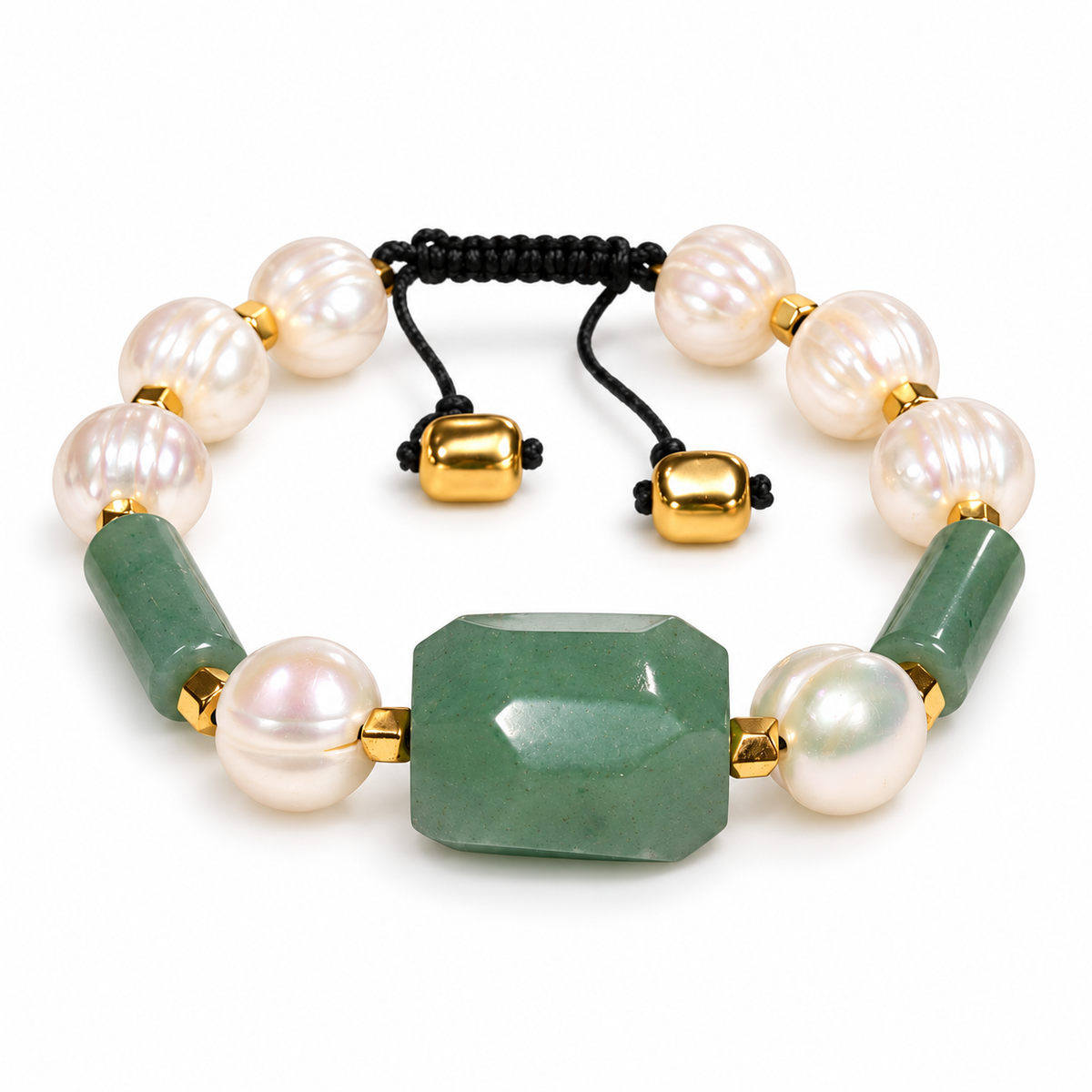 Natural Green Jade & White Cultured Pearl Bracelet with Gold-Tone Hematite – 18 cm
